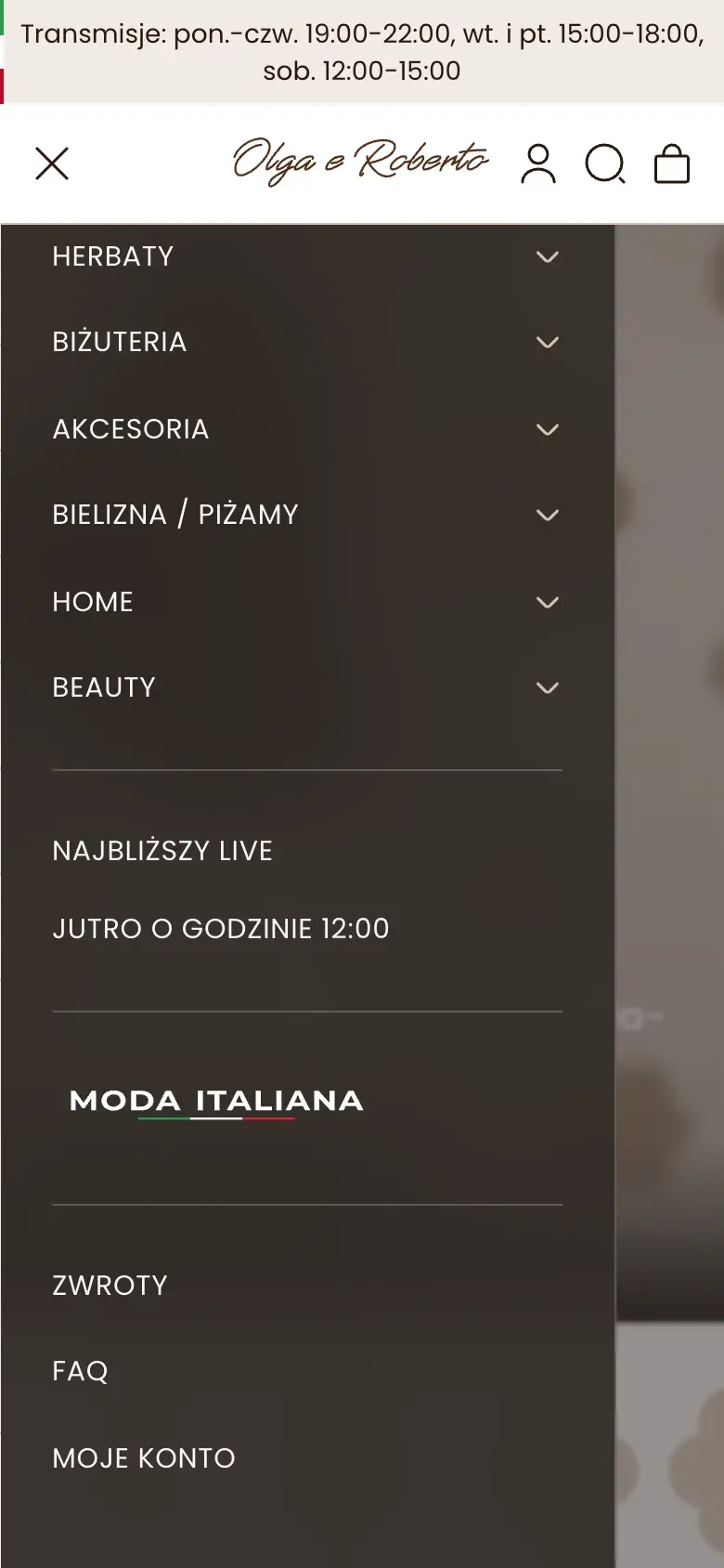 Menu sklepu na telefonie z terminem najbliższej transmisji i przejściem do sklepu Moda Italiana