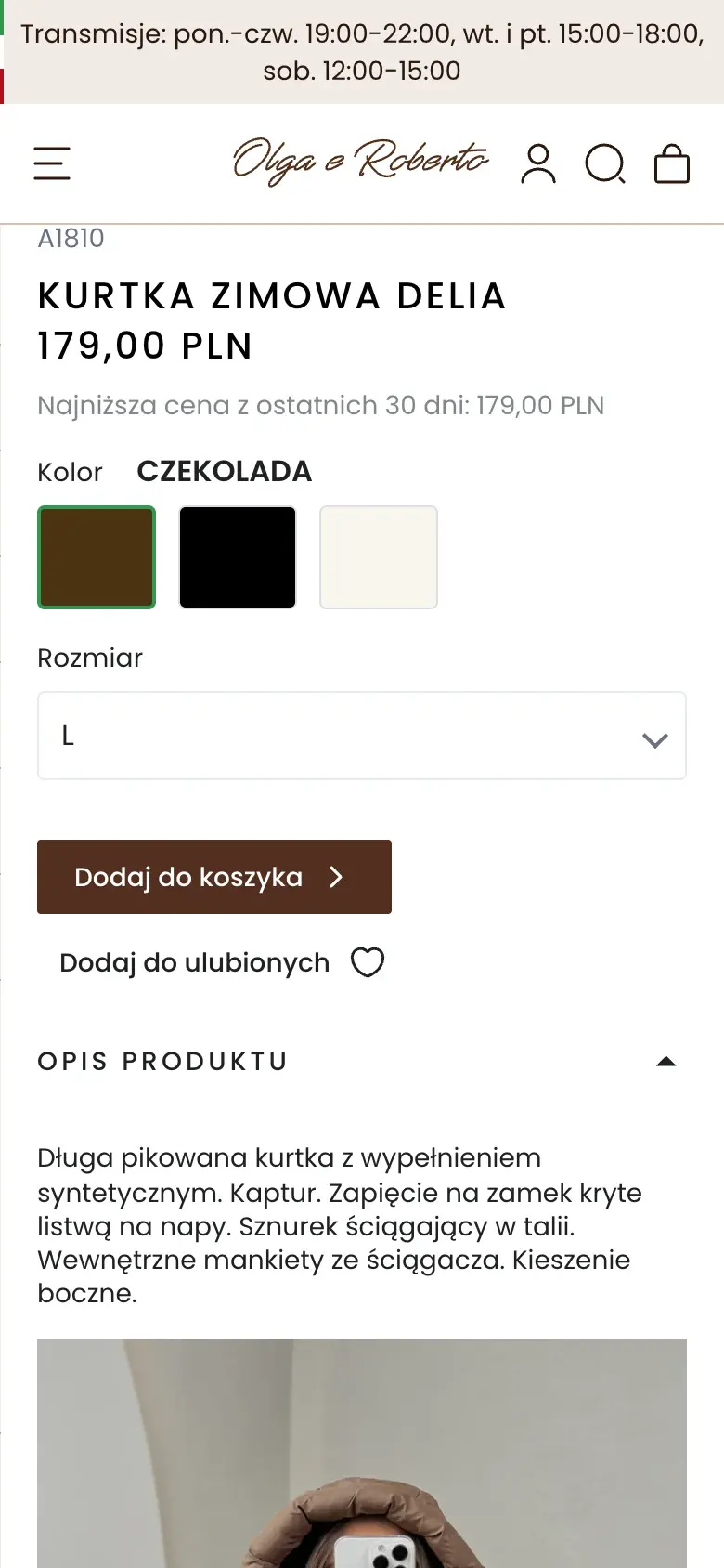 Karta produktu w sklepie Olga e Roberto na telefonie: cena, najniższa cena z 30 dni, wybór koloru i rozmiaru