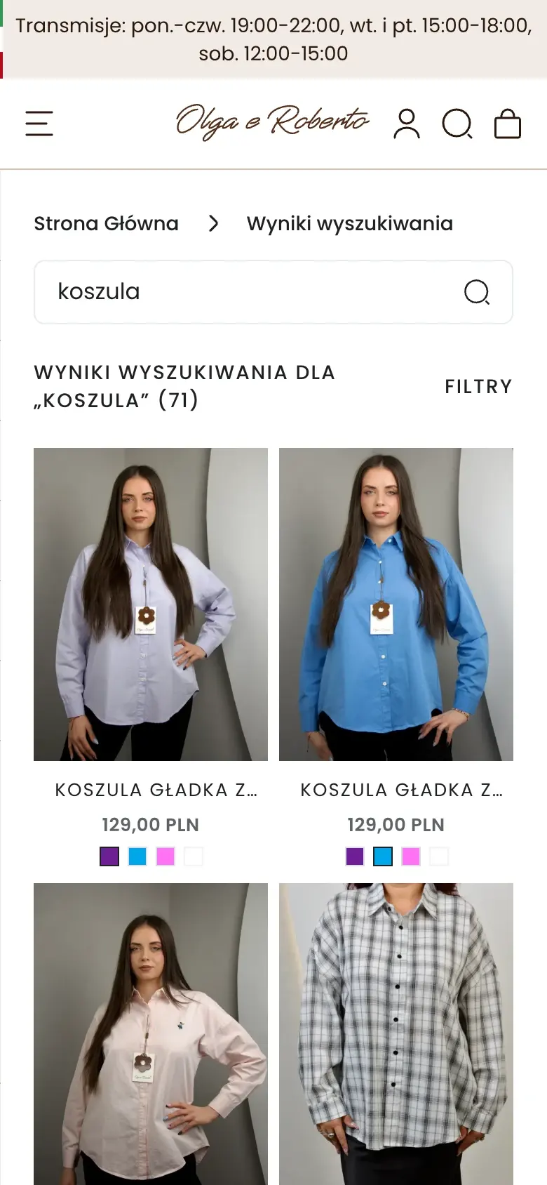 Wyniki wyszukiwania frazy „koszula” w sklepie Olga e Roberto na telefonie