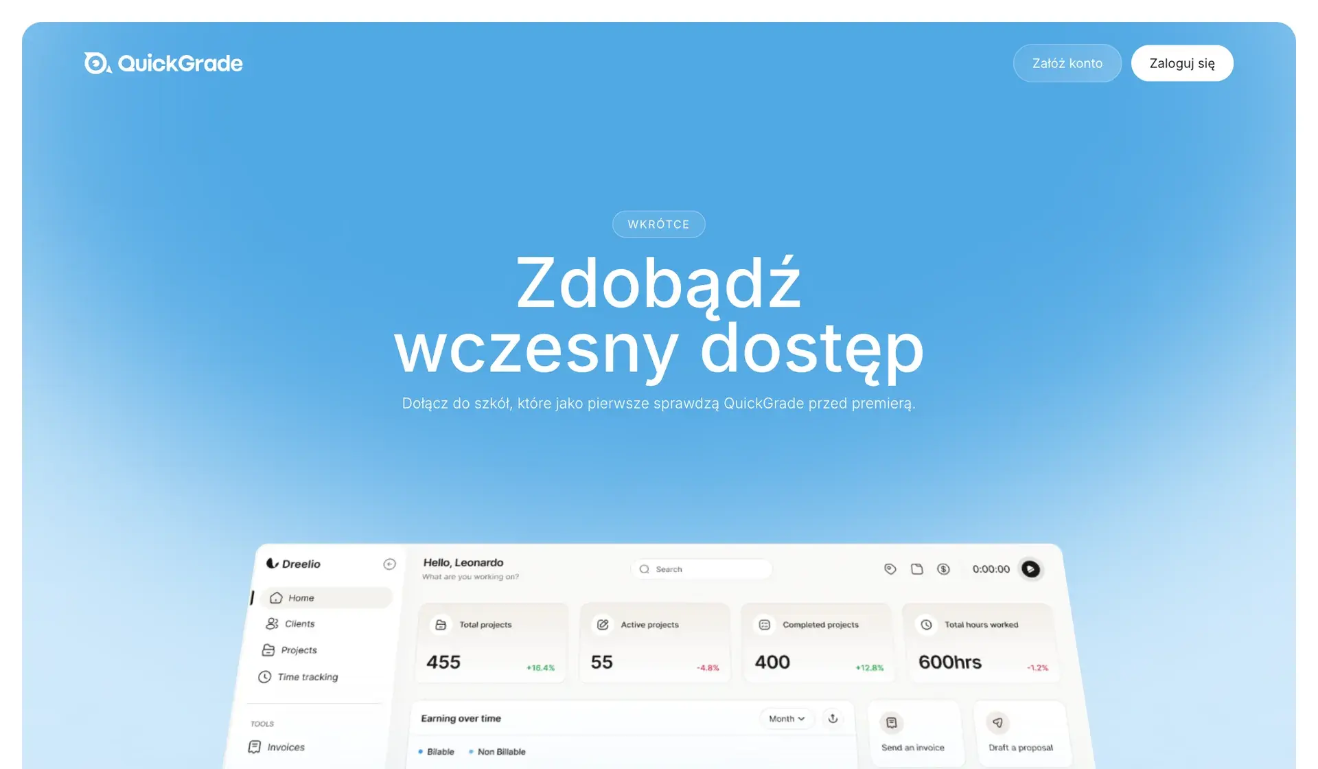 QuickGrade platform landing page in a browser window